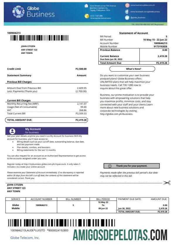 imprimível Modelo de conta de serviços públicos Globe das Filipinas em formato Word e PDF